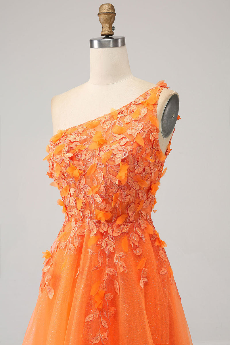 Load image into Gallery viewer, Oransje One Shoulder A-Line Tylle Long Prom Kjole med Appliques