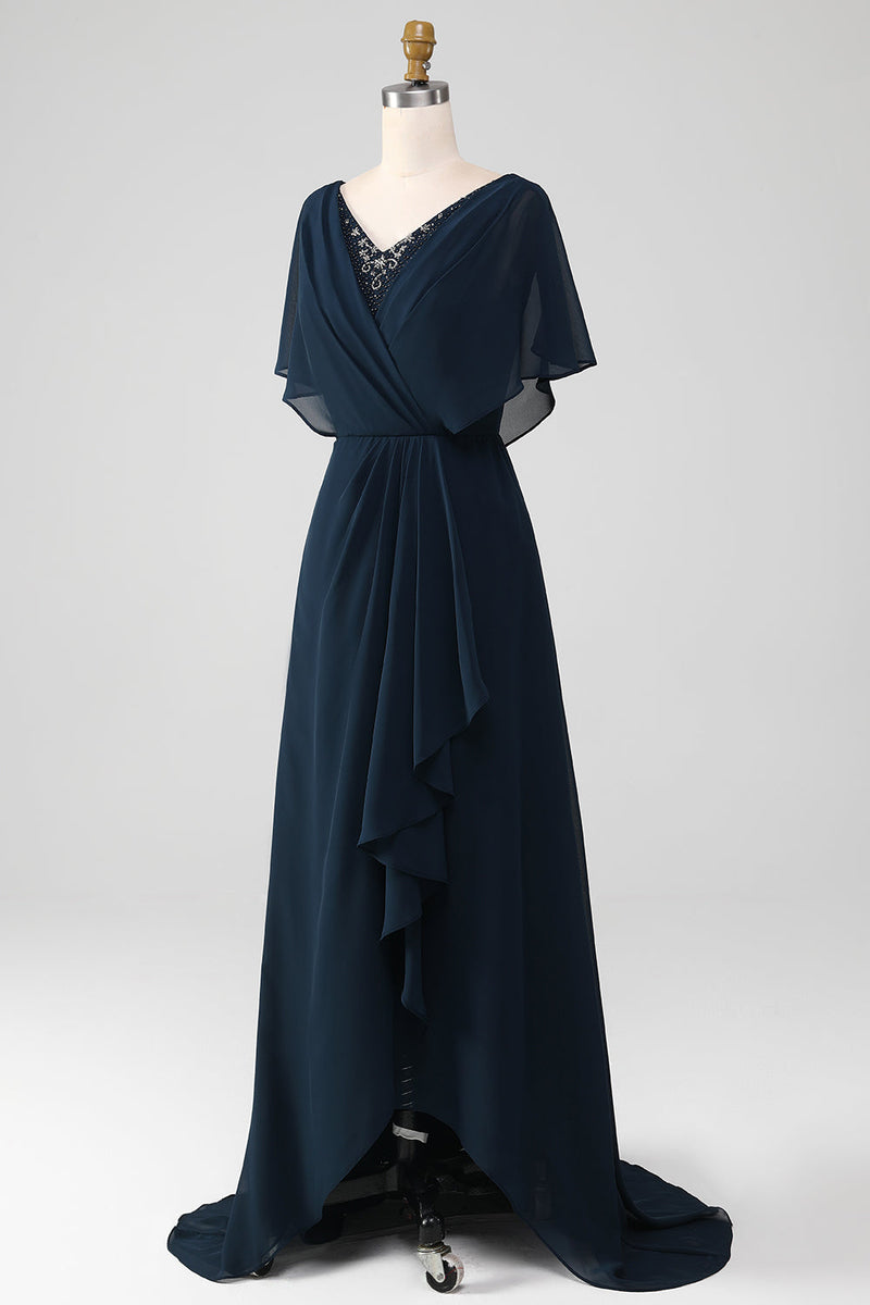 Load image into Gallery viewer, Navy A-line V-hals Asymmetrisk paljetter Mor til bruden kjole med perler