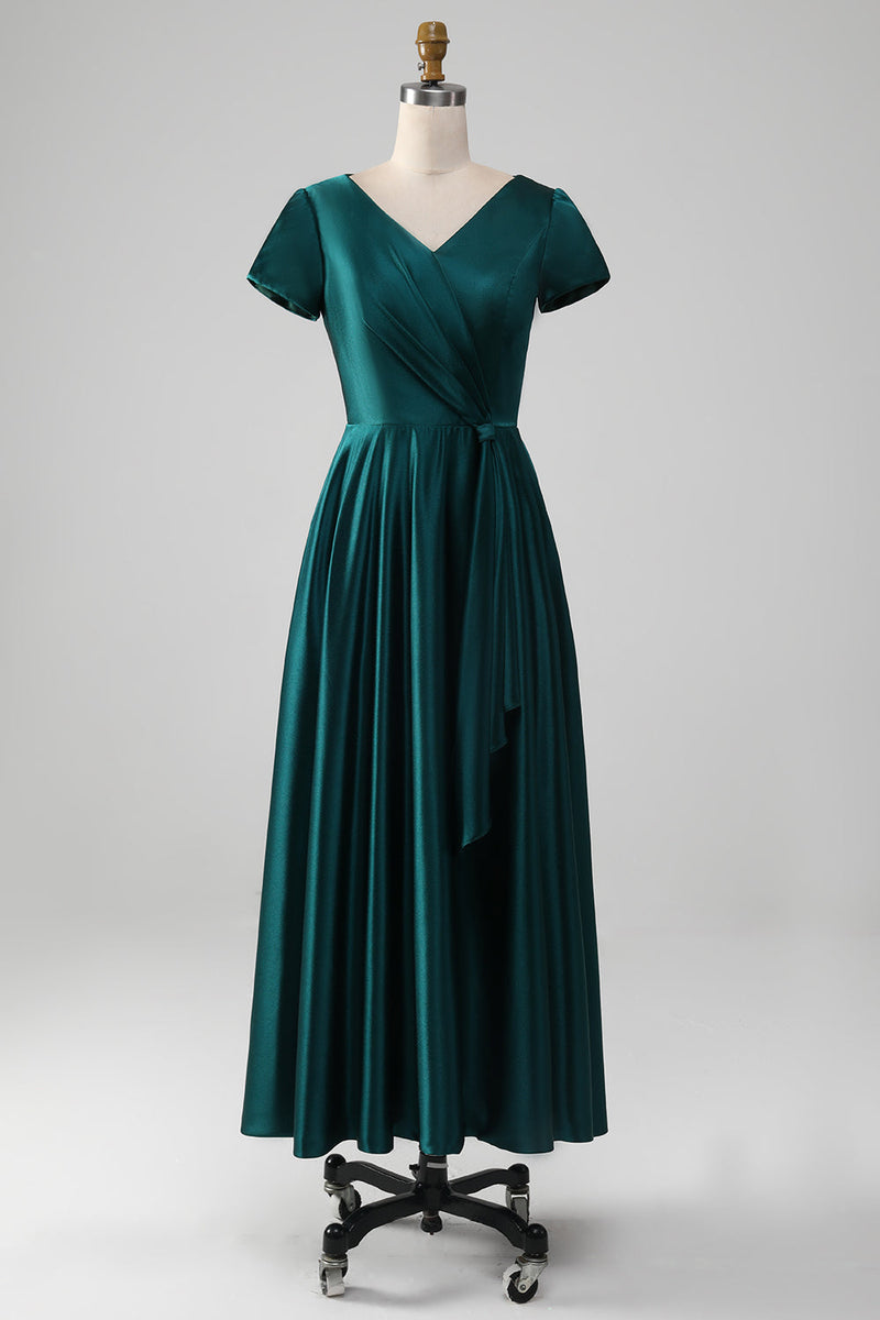 Load image into Gallery viewer, Peacock Satin V-neck A-line plissert mor til bruden kjole