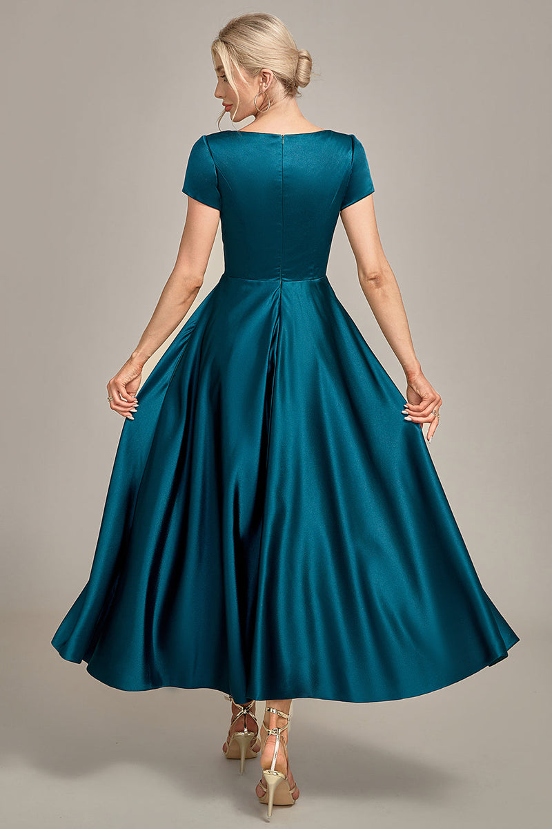 Load image into Gallery viewer, Peacock Green Satin V-neck A-line plissert mor til bruden kjole
