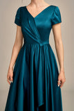 Peacock Green Satin V-neck A-line plissert mor til bruden kjole