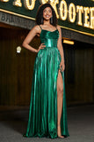 Sparkly A-line Dark Green Corset Prom Dress med Slit