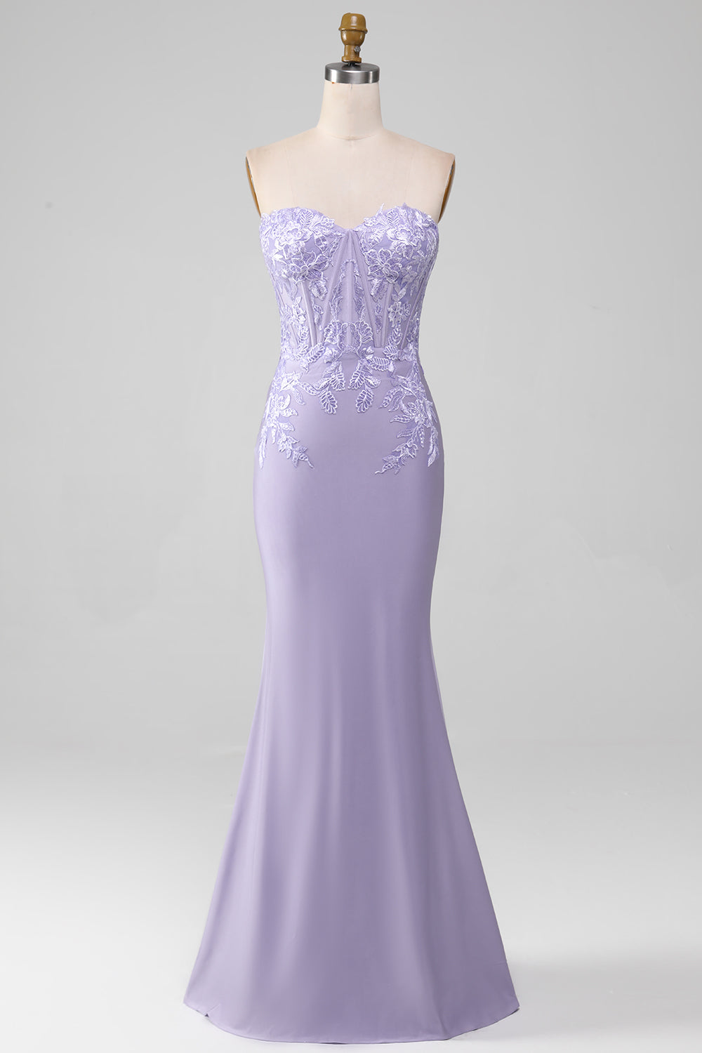 Lilac skjede stroppeløs korsett prom kjoler med blonder applikasjoner