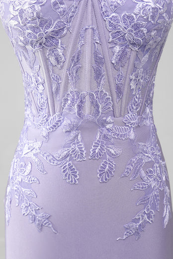 Lilac skjede stroppeløs korsett prom kjoler med blonder applikasjoner