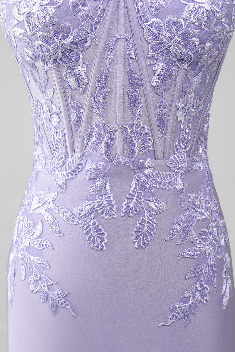 Load image into Gallery viewer, Lilac skjede stroppeløs korsett prom kjoler med blonder applikasjoner