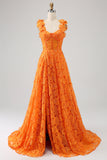 Oransje A-Line Floral Lace Long Prom Dress