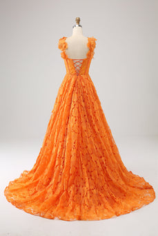 Oransje A-Line Floral Lace Long Prom Dress