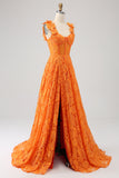 Oransje A-Line Floral Lace Long Prom Dress