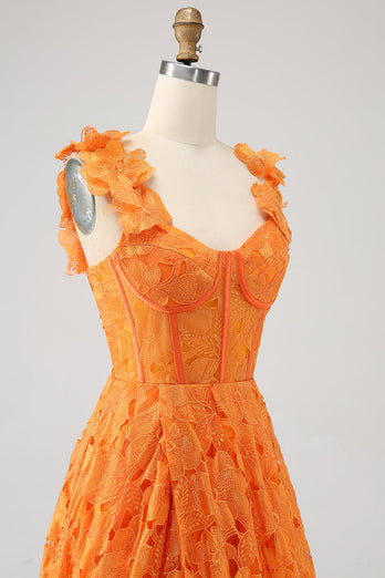 Oransje A-Line Floral Lace Long Prom Dress