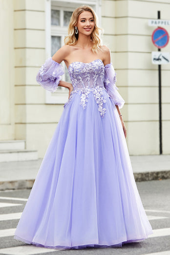 Nydelig en linje av skulderen Lavendel korsett Prom kjole med Appliques