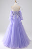 Load image into Gallery viewer, Lavendel A-Line stroppeløs tyll lang ballkjole med ermer