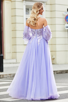 Nydelig en linje av skulderen Lavendel korsett Prom kjole med Appliques