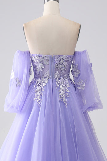 Lavendel A-Line stroppeløs tyll lang ballkjole med ermer