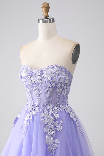 Lavendel A-Line stroppeløs tyll lang ballkjole med ermer