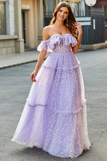 Av skulderen Lilac korsett A-Line Long Prom Dress
