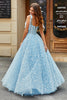 Load image into Gallery viewer, Spaghetti stropper himmelblå A-linje korsett Prom kjole med blomster