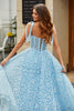 Load image into Gallery viewer, Spaghetti stropper himmelblå A-linje korsett Prom kjole med blomster