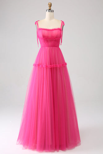 Fuchsia A-Line Ruffled Long Tylle Prom Dress