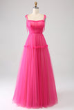 Fuchsia A-Line Ruffled Long Tylle Prom Dress