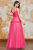 Prinsesse A Line Spaghetti stropper Fuchsia Long Prom Kjole med Ruffles