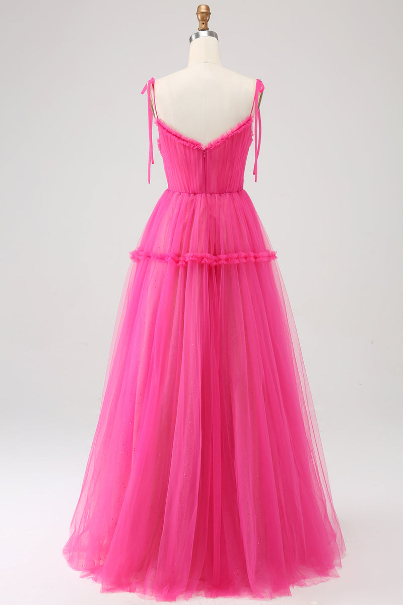 Load image into Gallery viewer, Fuchsia A-Line Ruffled Long Tylle Prom Dress