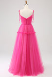 Fuchsia A-Line Ruffled Long Tylle Prom Dress