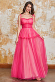 Prinsesse A Line Spaghetti stropper Fuchsia Long Prom Kjole med Ruffles