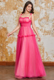 Prinsesse A Line Spaghetti stropper Fuchsia Long Prom Kjole med Ruffles