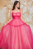 Prinsesse A Line Spaghetti stropper Fuchsia Long Prom Kjole med Ruffles