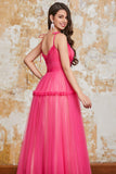 Prinsesse A Line Spaghetti stropper Fuchsia Long Prom Kjole med Ruffles