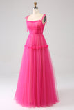 Fuchsia A-Line Ruffled Long Tylle Prom Dress