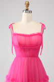 Fuchsia A-Line Ruffled Long Tylle Prom Dress