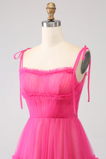 Fuchsia A-Line Ruffled Long Tylle Prom Dress