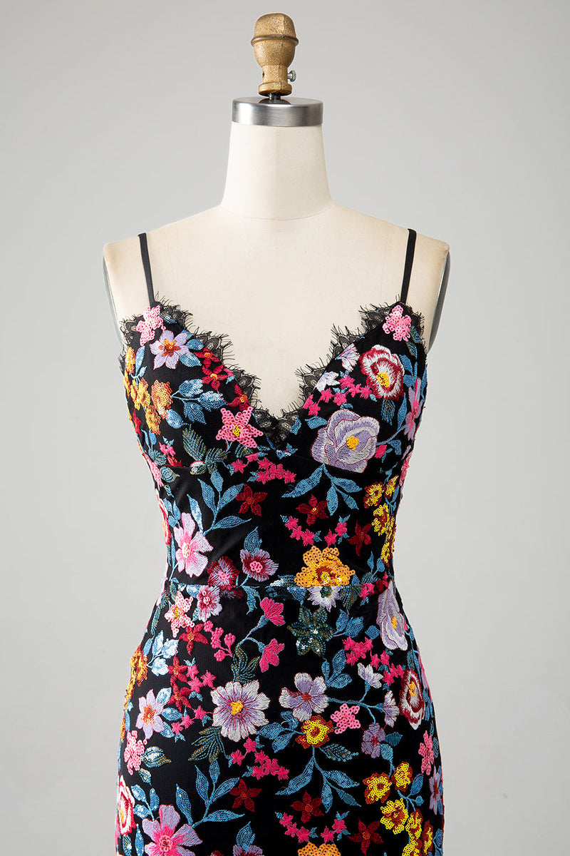 Load image into Gallery viewer, Svart floral havfrue spaghetti stropper lang prom kjole med broderi