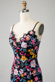 Svart floral havfrue spaghetti stropper lang prom kjole med broderi