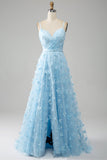 Himmelblå A Line Spaghetti stropper Sparkly Beaded Prom Kjole med 3D sommerfugler