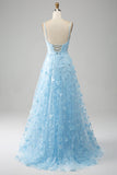 Himmelblå A Line Spaghetti stropper Sparkly Beaded Prom Kjole med 3D sommerfugler