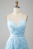 Himmelblå A Line Spaghetti stropper Sparkly Beaded Prom Kjole med 3D sommerfugler