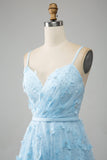 Himmelblå A Line Spaghetti stropper Sparkly Beaded Prom Kjole med 3D sommerfugler