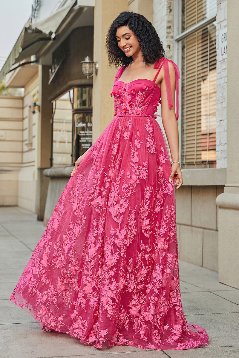 Load image into Gallery viewer, Spaghetti stropper Hot Pink A-Line Long Prom Kjole med Slit
