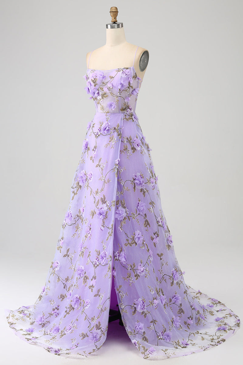 Load image into Gallery viewer, Lilac A-Line Spaghetti stropper Long Prom kjole med 3D blomster