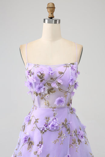 Lilac A-Line Spaghetti stropper Long Prom kjole med 3D blomster