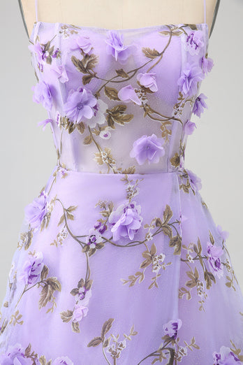 Lilac A-Line Spaghetti stropper Long Prom kjole med 3D blomster
