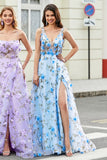 Stunning A Line V Neck Blue Long Prom Dress med 3D Blomster