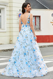 Stunning A Line V Neck Blue Long Prom Dress med 3D Blomster