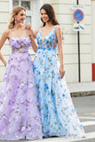 Stunning A Line V Neck Blue Long Prom Dress med 3D Blomster