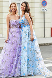 Stunning A Line V Neck Blue Long Prom Dress med 3D Blomster