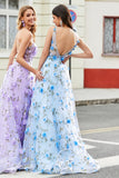 Stunning A Line V Neck Blue Long Prom Dress med 3D Blomster