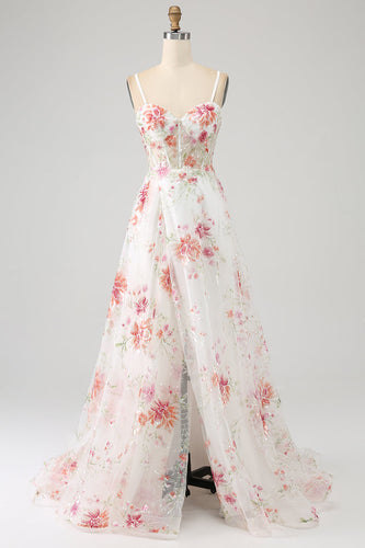 Ivory Flower brodert Long Corset Prom Dress med Slit
