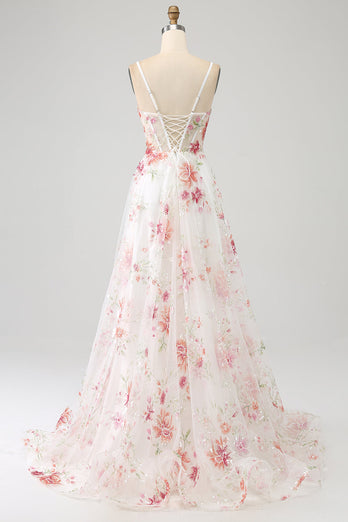 Ivory Flower brodert Long Corset Prom Dress med Slit